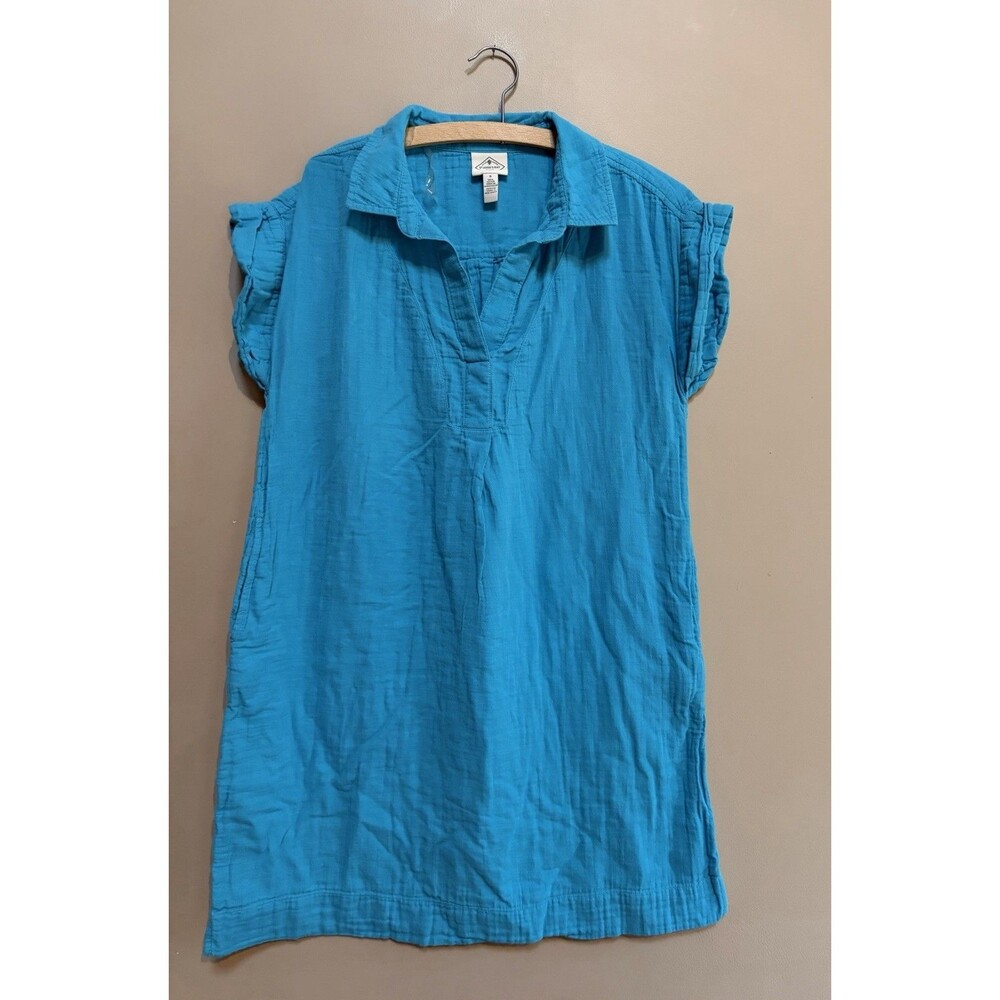 St Johns Bay 100% Cotton Gauze Dress Women Small Blue Short Sleeve Coastal Boho